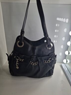 Lancel Vintage Black Leather Shoulder Bag with Silver Chain Accents EUC